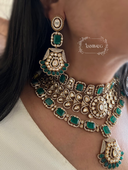 Ashi Royal Layered Emerald Green Gold Finish Polki Studded Necklace Set With Maang Tikka By Ranibaug