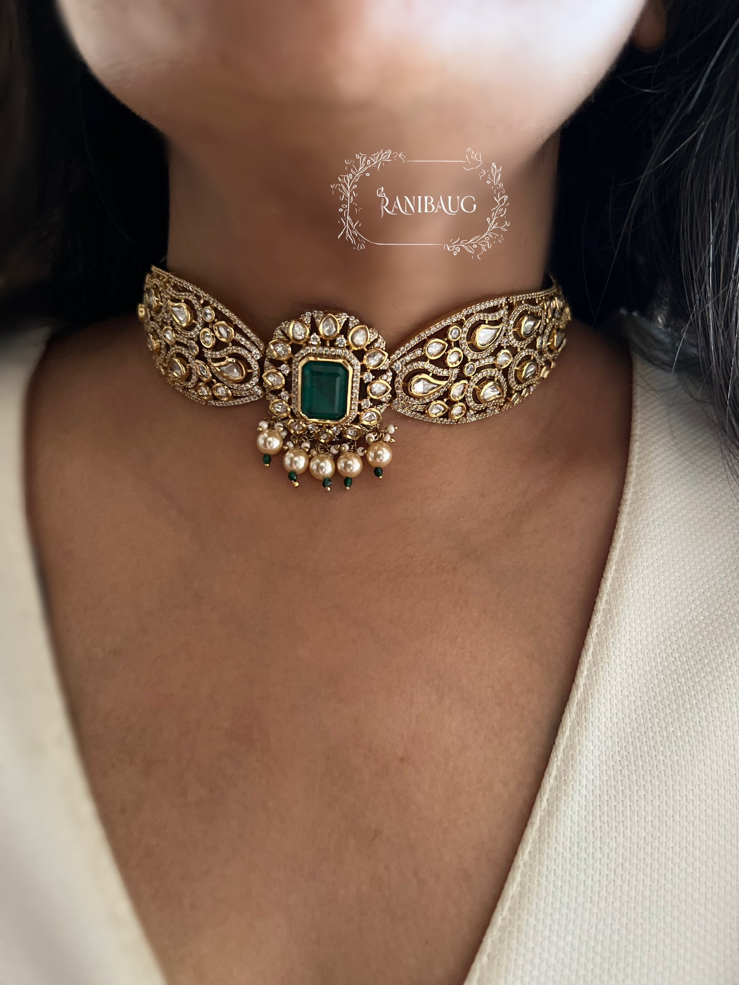 Ashika Emerald Teardrop Polki Motif And Pearl Adorned Royal Neck Choker Jewellery Set By Ranibaug | The Royal Wedding Collection 2026