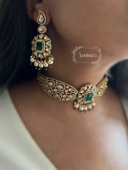 Ashika Emerald Teardrop Polki Motif And Pearl Adorned Royal Neck Choker Jewellery Set By Ranibaug | The Royal Wedding Collection 2026