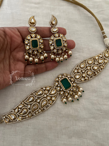 Ashika Emerald Teardrop Polki Motif And Pearl Adorned Royal Neck Choker Jewellery Set By Ranibaug | The Royal Wedding Collection 2026