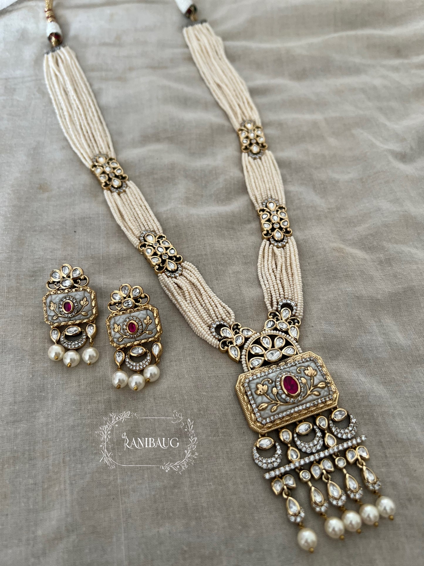 Ashna Victorian Gold Finish Pearl Strand Polki Studded Designer Festive Necklace Jewelry Set By Ranibaug