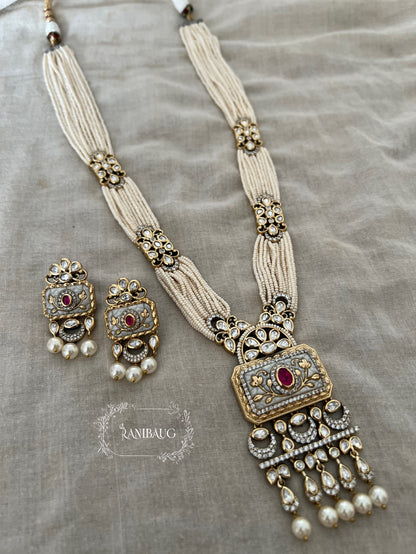 Ashna Victorian Gold Finish Pearl Strand Polki Studded Designer Festive Necklace Jewelry Set By Ranibaug