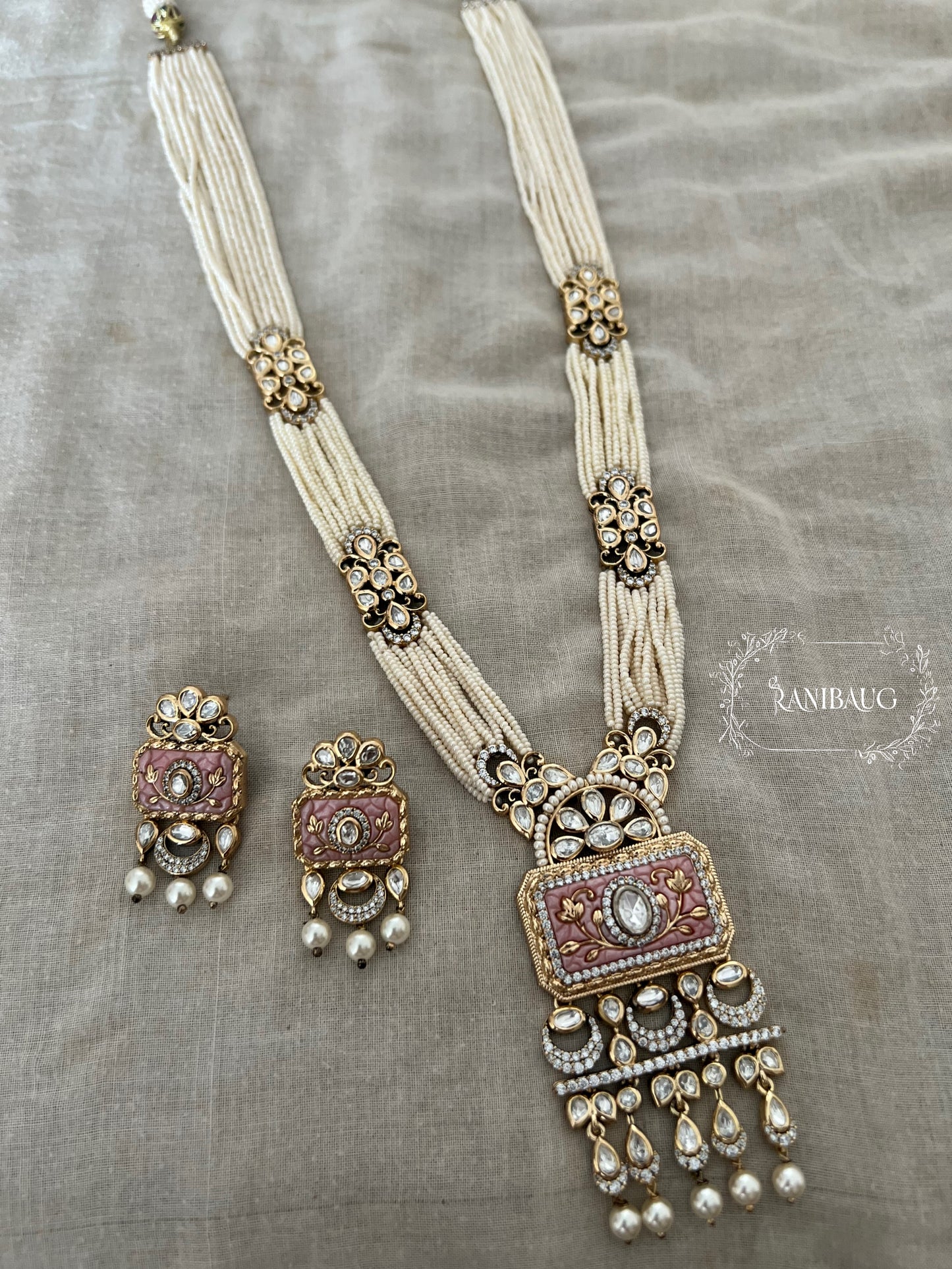 Ashna Victorian Gold Finish Pearl Strand Polki Studded Designer Festive Necklace Jewelry Set By Ranibaug