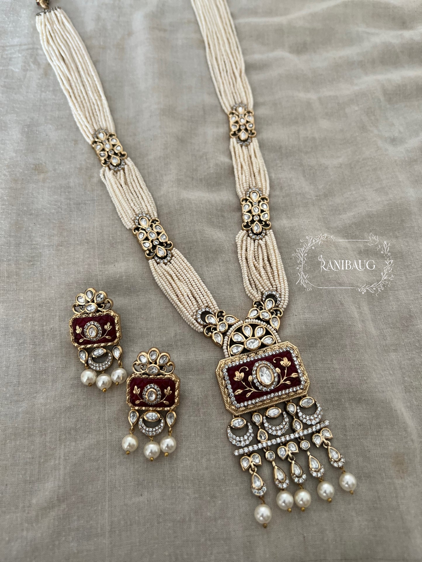 Ashna Victorian Gold Finish Pearl Strand Polki Studded Designer Festive Necklace Jewelry Set By Ranibaug