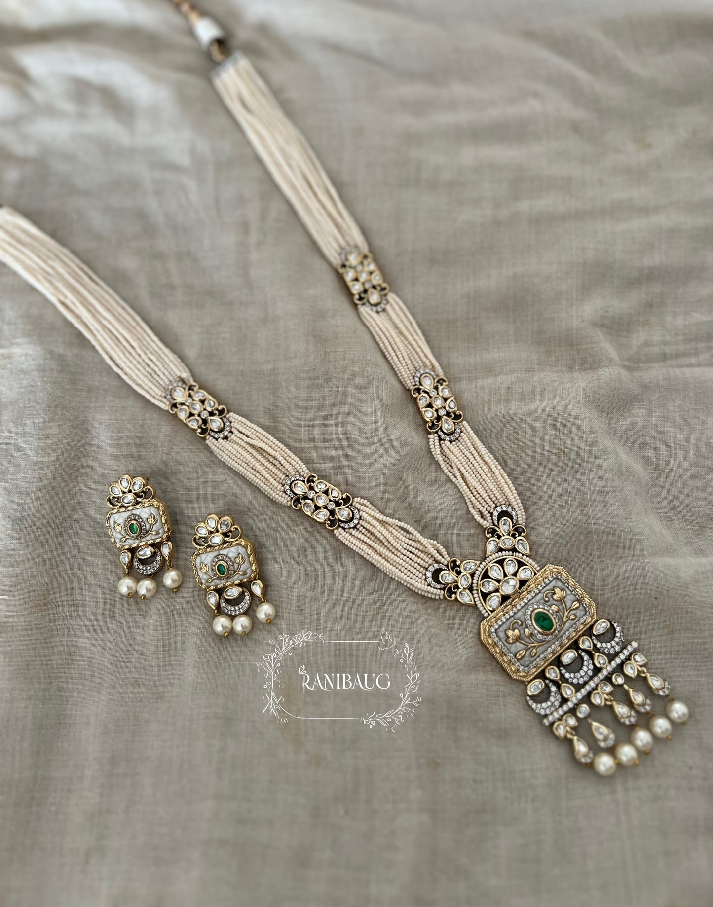 Ashna Victorian Gold Finish Pearl Strand Polki Studded Designer Festive Necklace Jewelry Set By Ranibaug