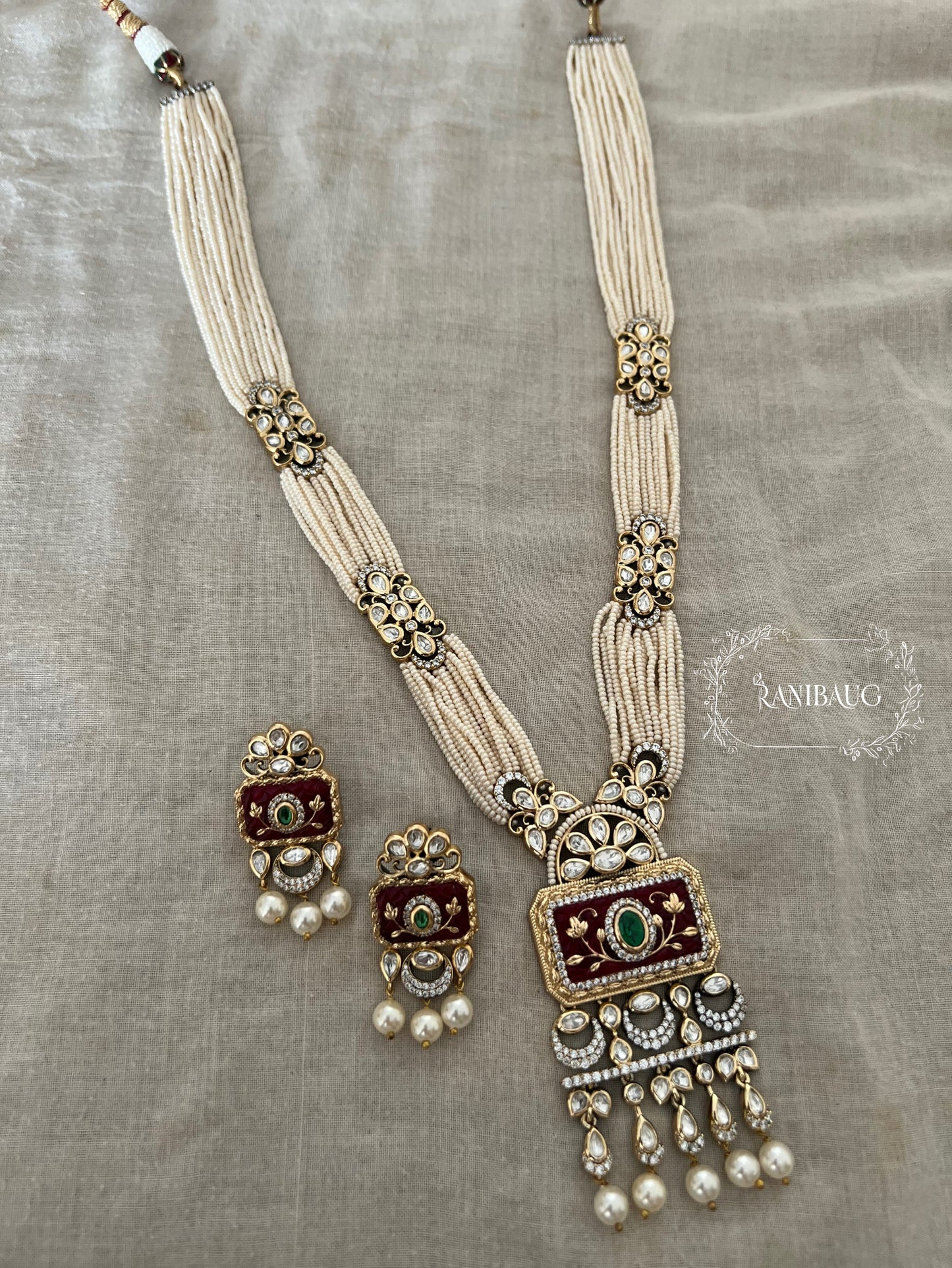 Ashna Victorian Gold Finish Pearl Strand Polki Studded Designer Festive Necklace Jewelry Set By Ranibaug