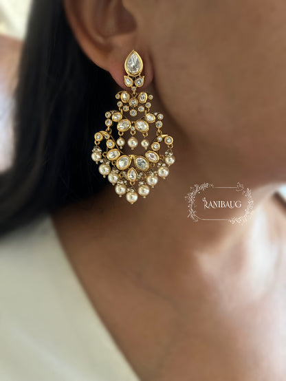 Ashni Polki Studded Layered Chandelier Chandbali Long Earrings By Ranibaug