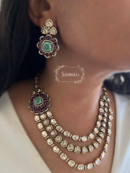 Ashvika Rich Polki Adorned In 3 Layers Attached To A Floral Stud Masterpiece Jewellery Set By Ranibaug