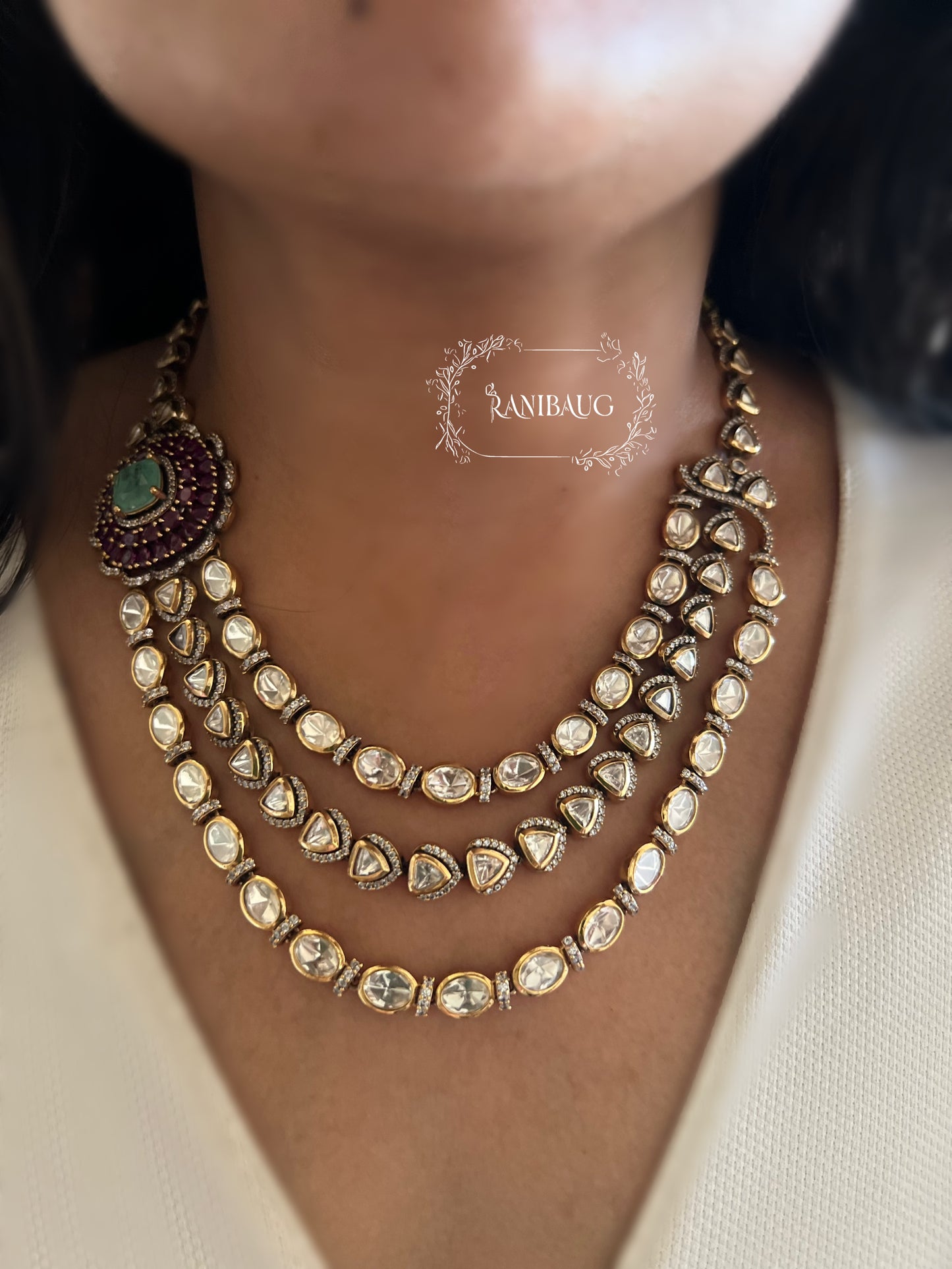 Ashvika Rich Polki Adorned In 3 Layers Attached To A Floral Stud Masterpiece Jewellery Set By Ranibaug