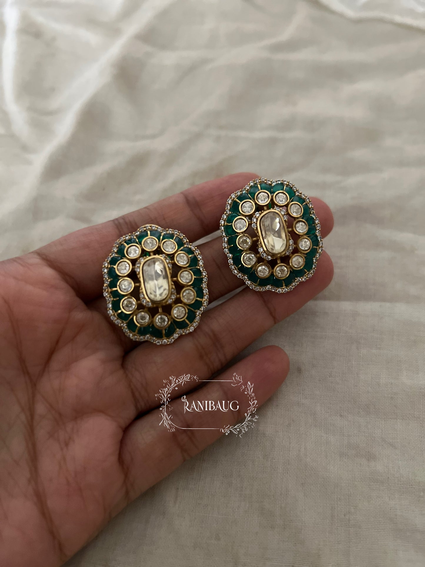 Ashwini Viraasat Royal Gold Finish Polki Studded Designer Statement Ear Studs Jewelry By Ranibaug