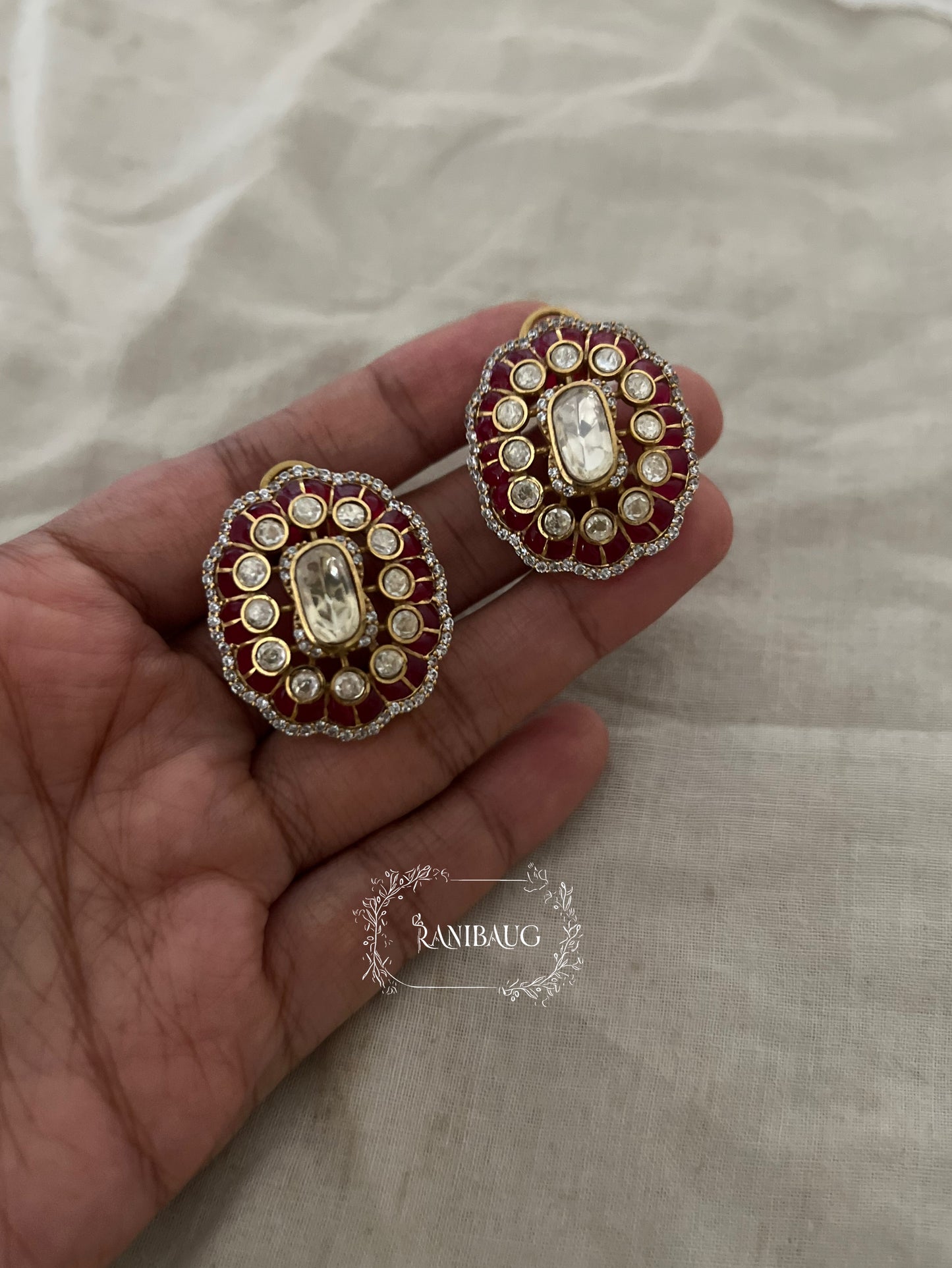 Ashwini Viraasat Royal Gold Finish Polki Studded Designer Statement Ear Studs Jewelry By Ranibaug