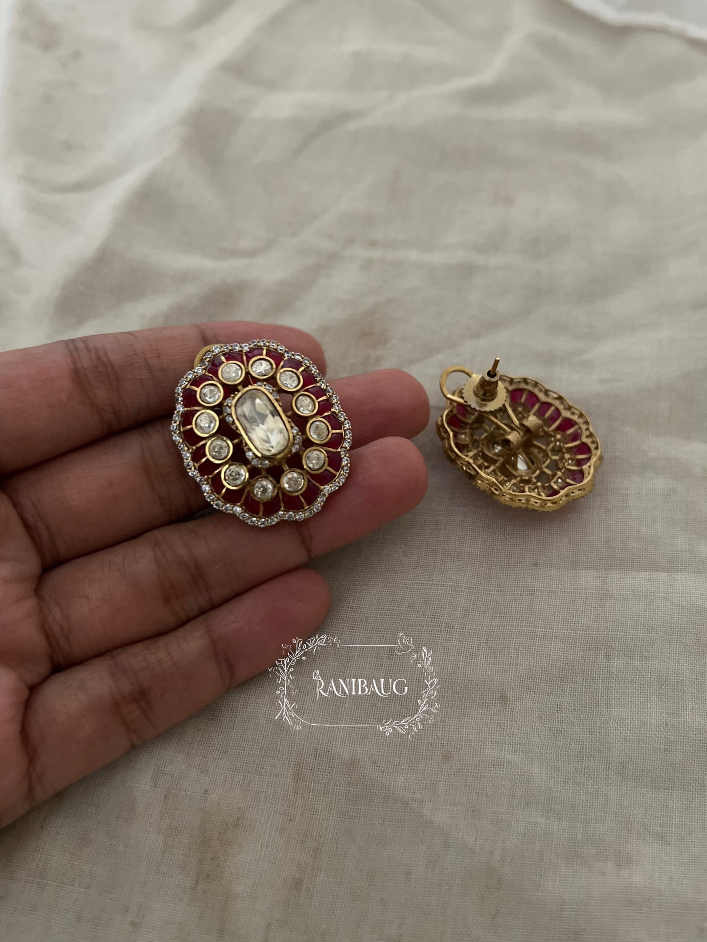Ashwini Viraasat Royal Gold Finish Polki Studded Designer Statement Ear Studs Jewelry By Ranibaug
