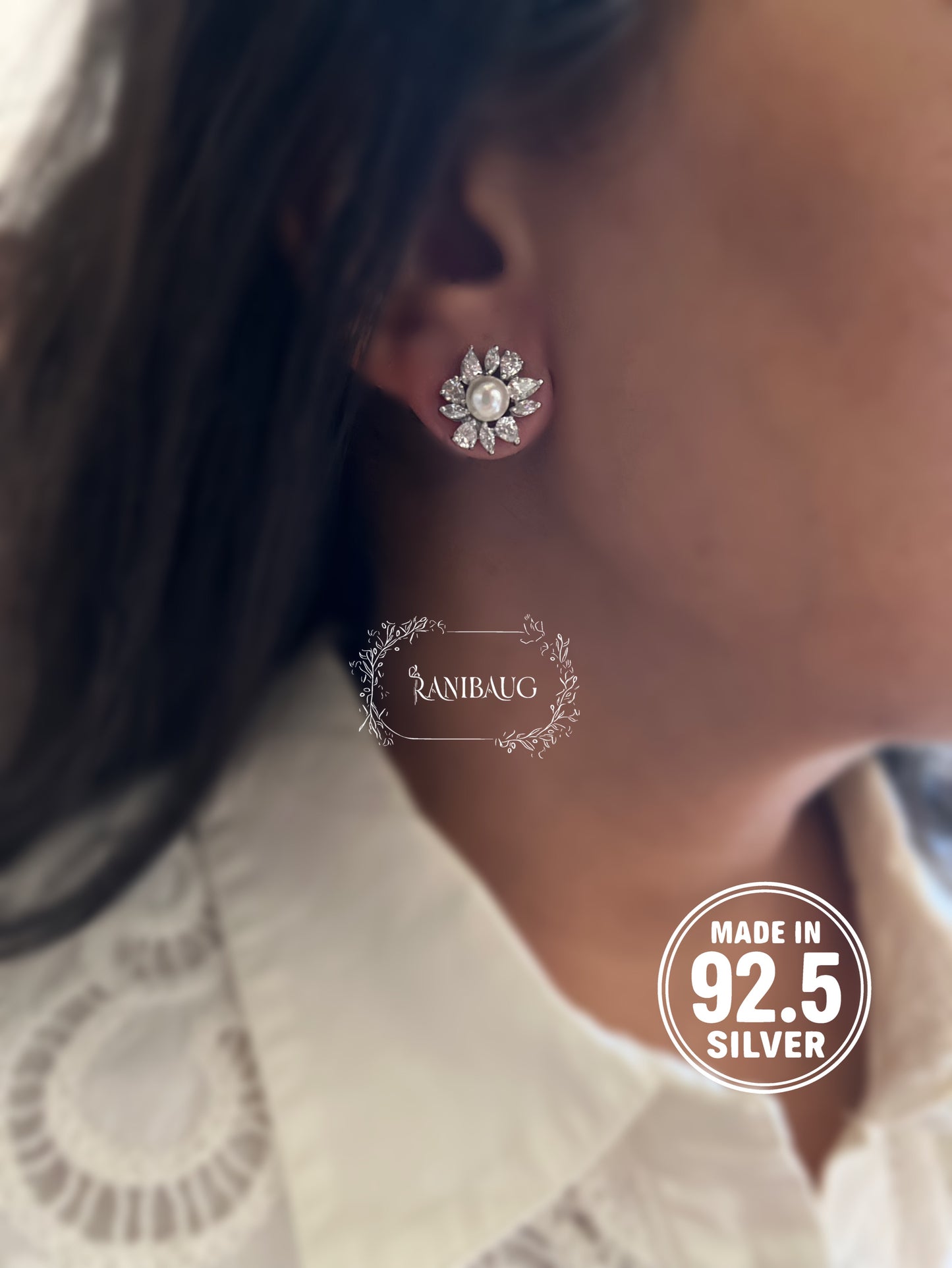 Aurelia Pearl Bloom 92.5 Silver Floral Diamond Ear Studs By Ranibaug