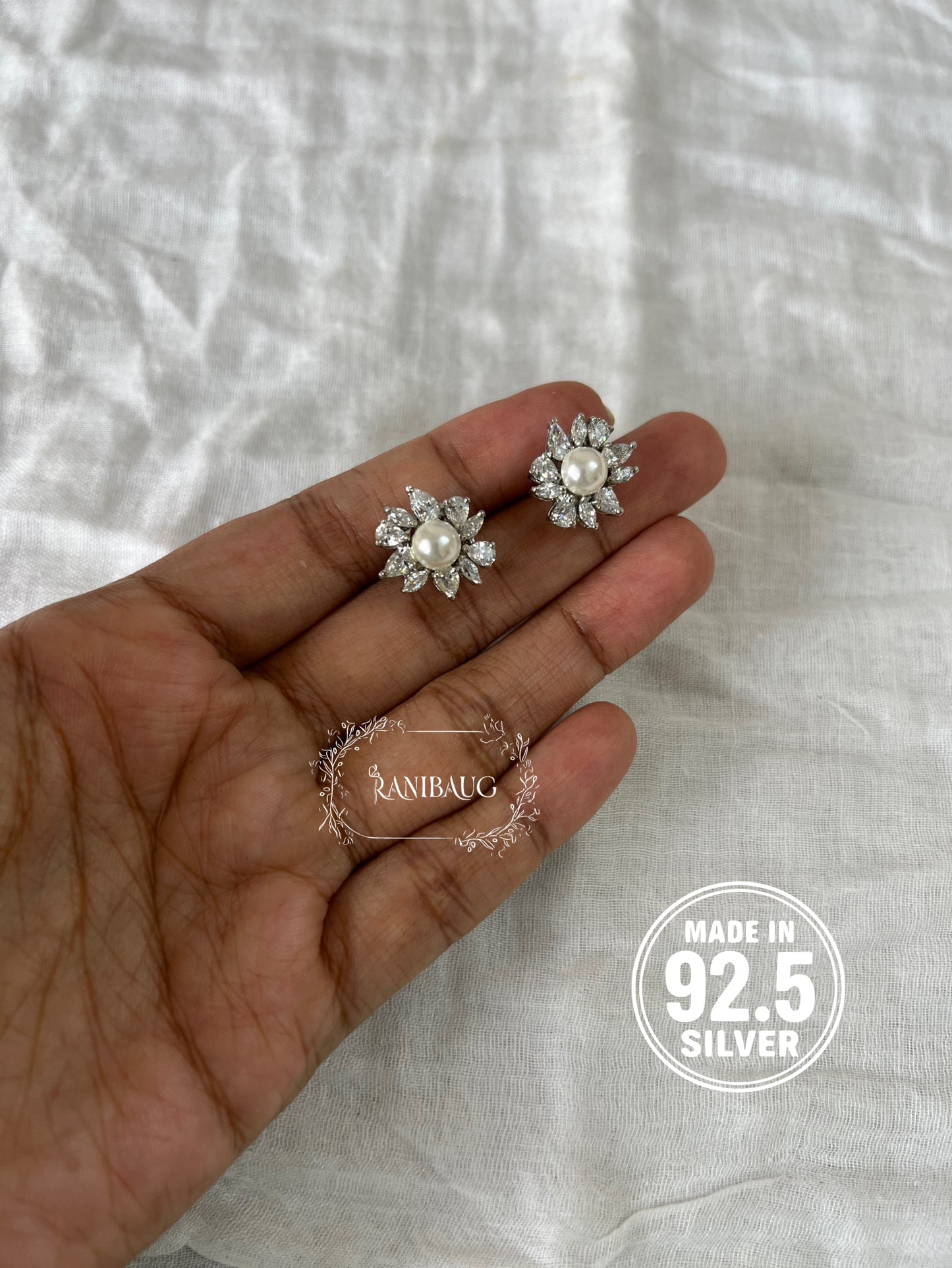 Aurelia Pearl Bloom 92.5 Silver Floral Diamond Ear Studs By Ranibaug