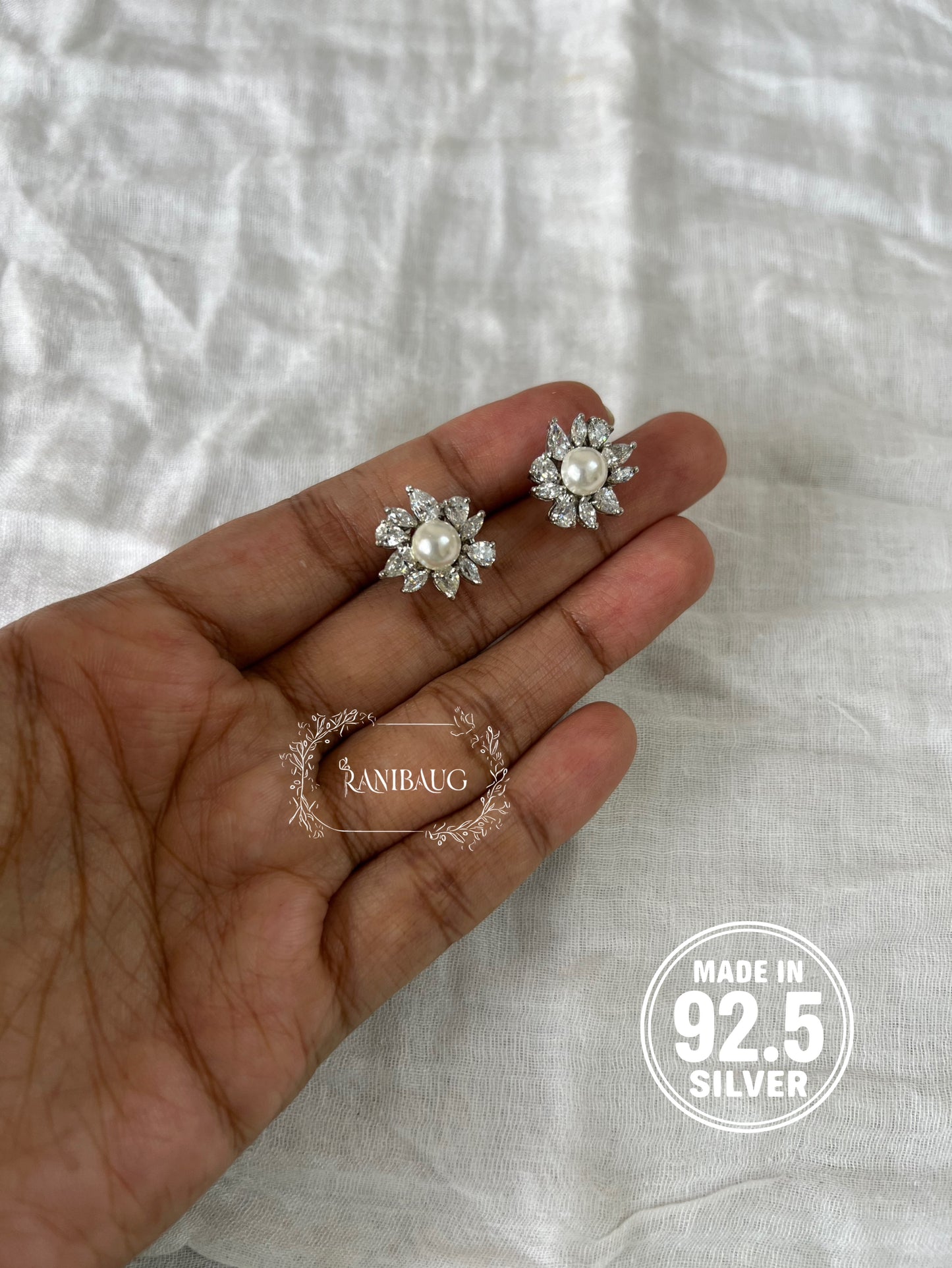 Aurelia Pearl Bloom 92.5 Silver Floral Diamond Ear Studs By Ranibaug