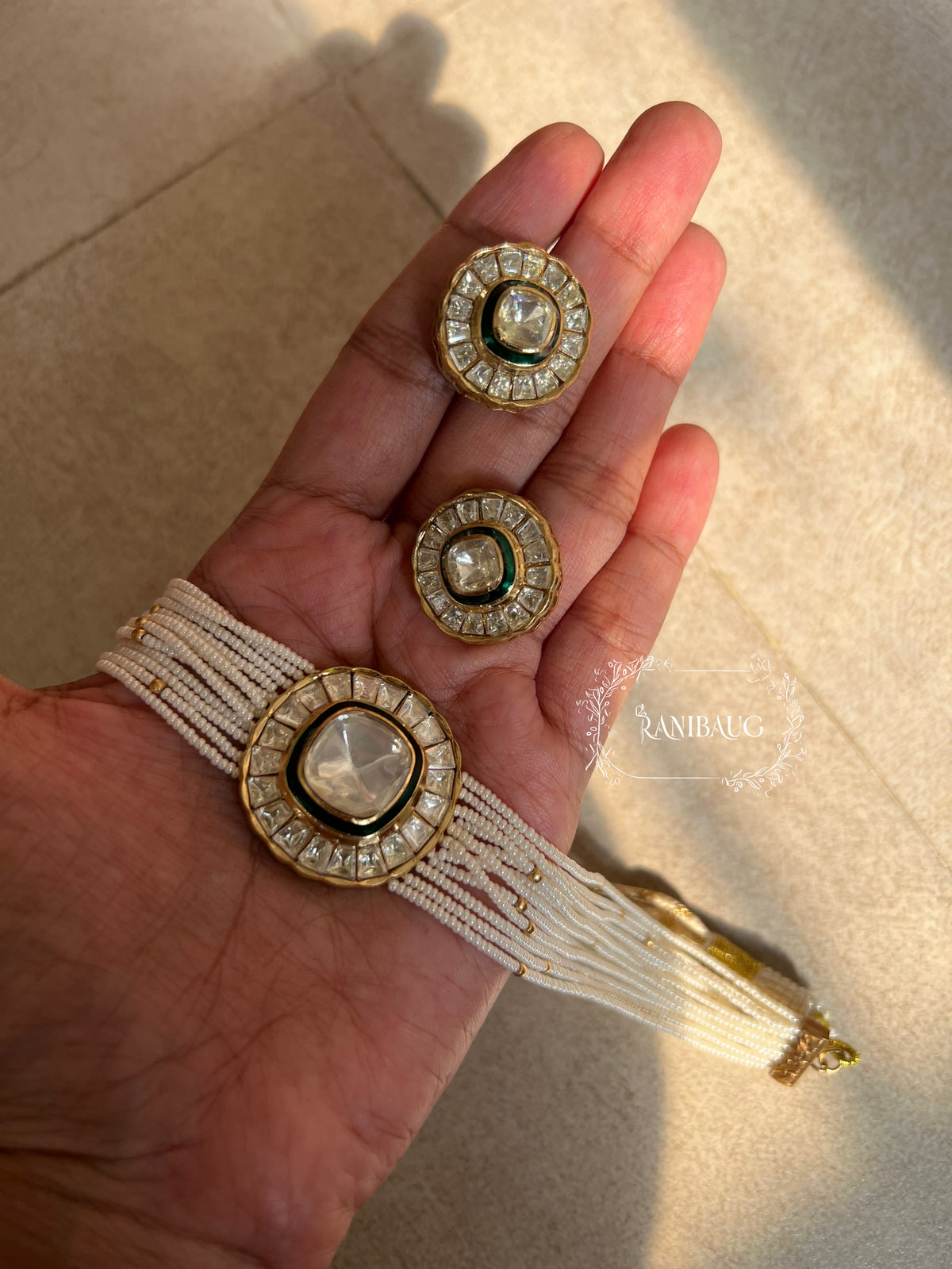 Avanti Mossainite Polki Seed Pearl Strands Classic Royal Choker Set By Ranibaug