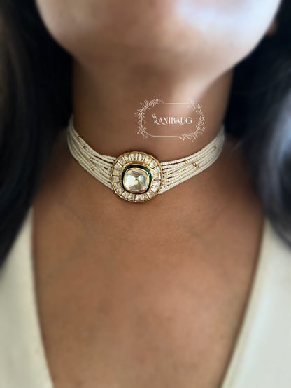 Avanti Mossainite Polki Seed Pearl Strands Classic Royal Choker Set By Ranibaug