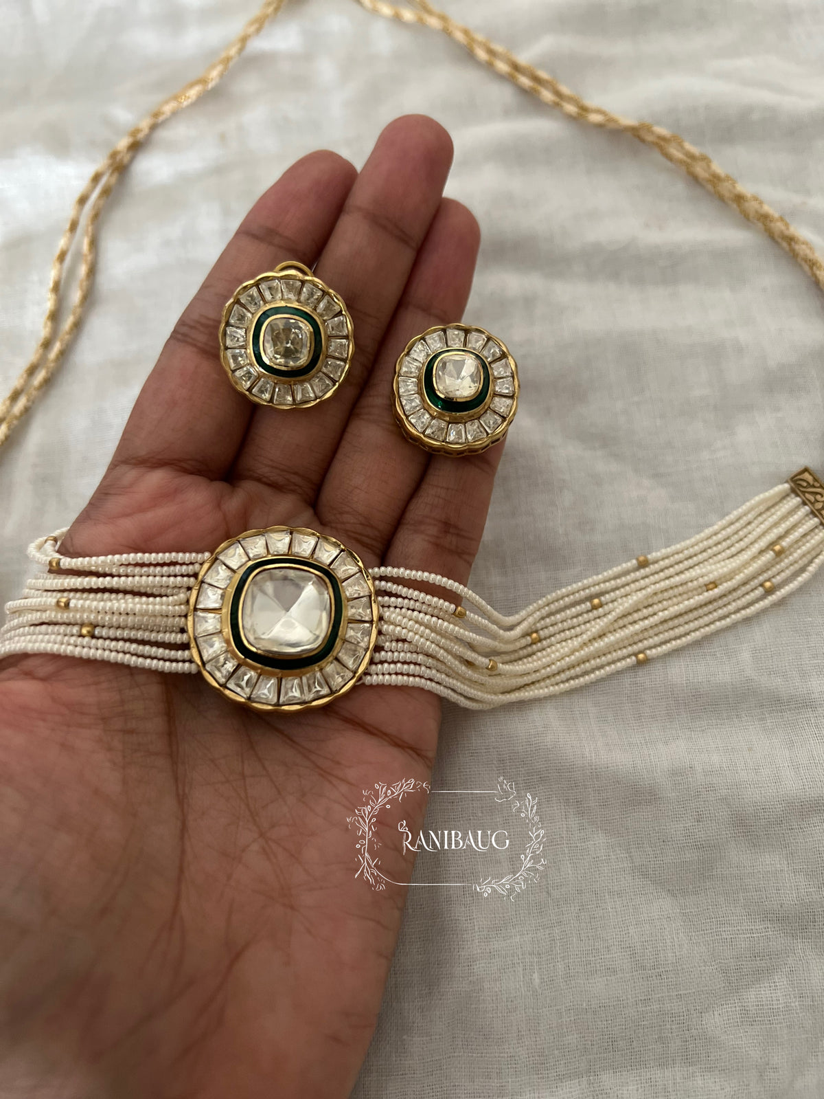 Avanti Mossainite Polki Seed Pearl Strands Classic Royal Choker Set By Ranibaug