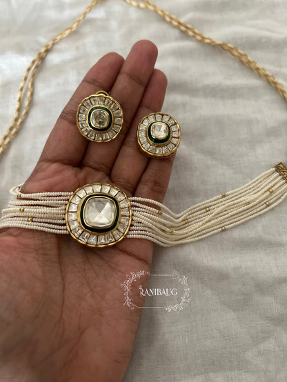 Avanti Mossainite Polki Seed Pearl Strands Classic Royal Choker Set By Ranibaug