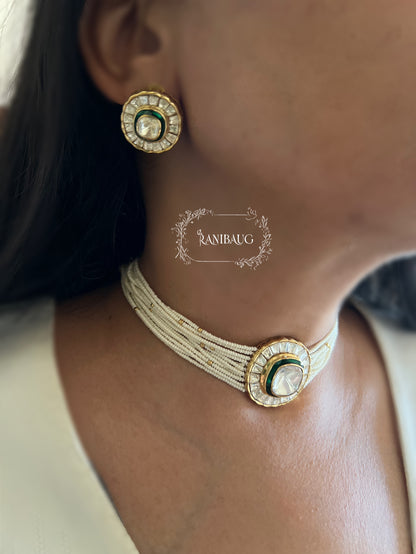 Avanti Mossainite Polki Seed Pearl Strands Classic Royal Choker Set By Ranibaug