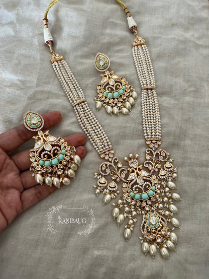 Avanti Royal Peacock Motif Pearl Adorned Polki Studded Gold Finish Princess Inspired Necklace Jewelry Set By Ranibaug