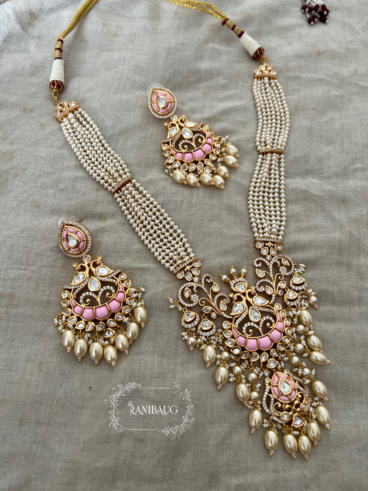 Avanti Royal Peacock Motif Pearl Adorned Polki Studded Gold Finish Princess Inspired Necklace Jewelry Set By Ranibaug