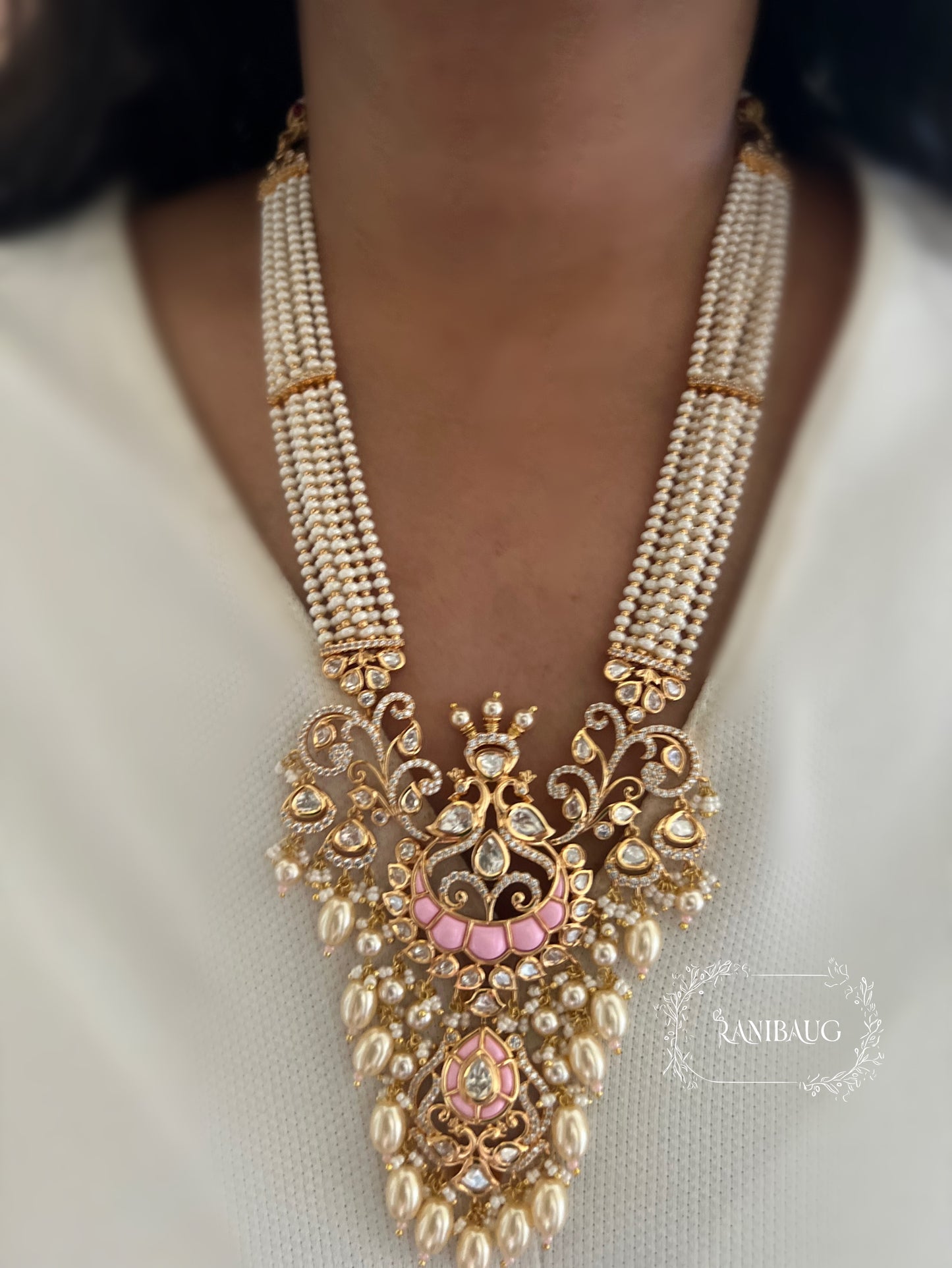 Avanti Royal Peacock Motif Pearl Adorned Polki Studded Gold Finish Princess Inspired Necklace Jewelry Set By Ranibaug