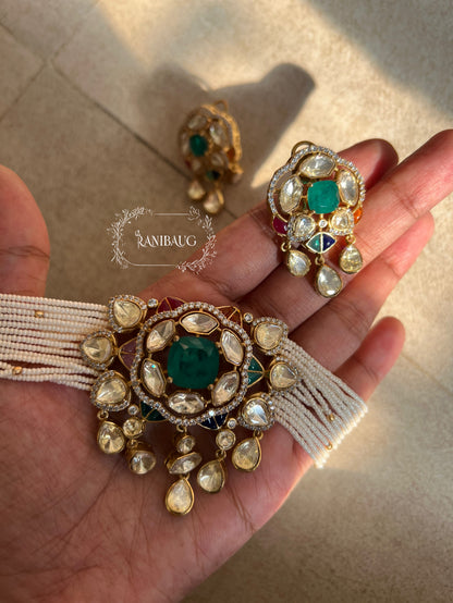 Avantika Emerald Mossainite Gold Finish Ssed Pearl Strand Statement Choker Set By Ranibaug
