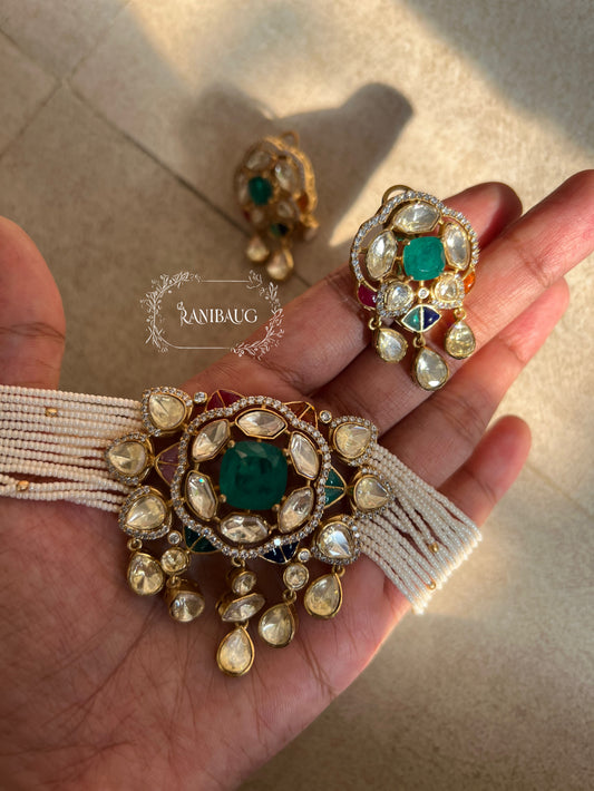 Avantika Emerald Mossainite Gold Finish Ssed Pearl Strand Statement Choker Set By Ranibaug
