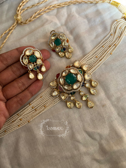Avantika Emerald Mossainite Gold Finish Ssed Pearl Strand Statement Choker Set By Ranibaug