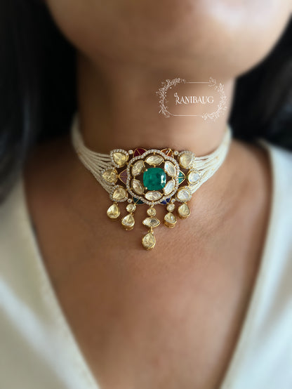 Avantika Emerald Mossainite Gold Finish Ssed Pearl Strand Statement Choker Set By Ranibaug