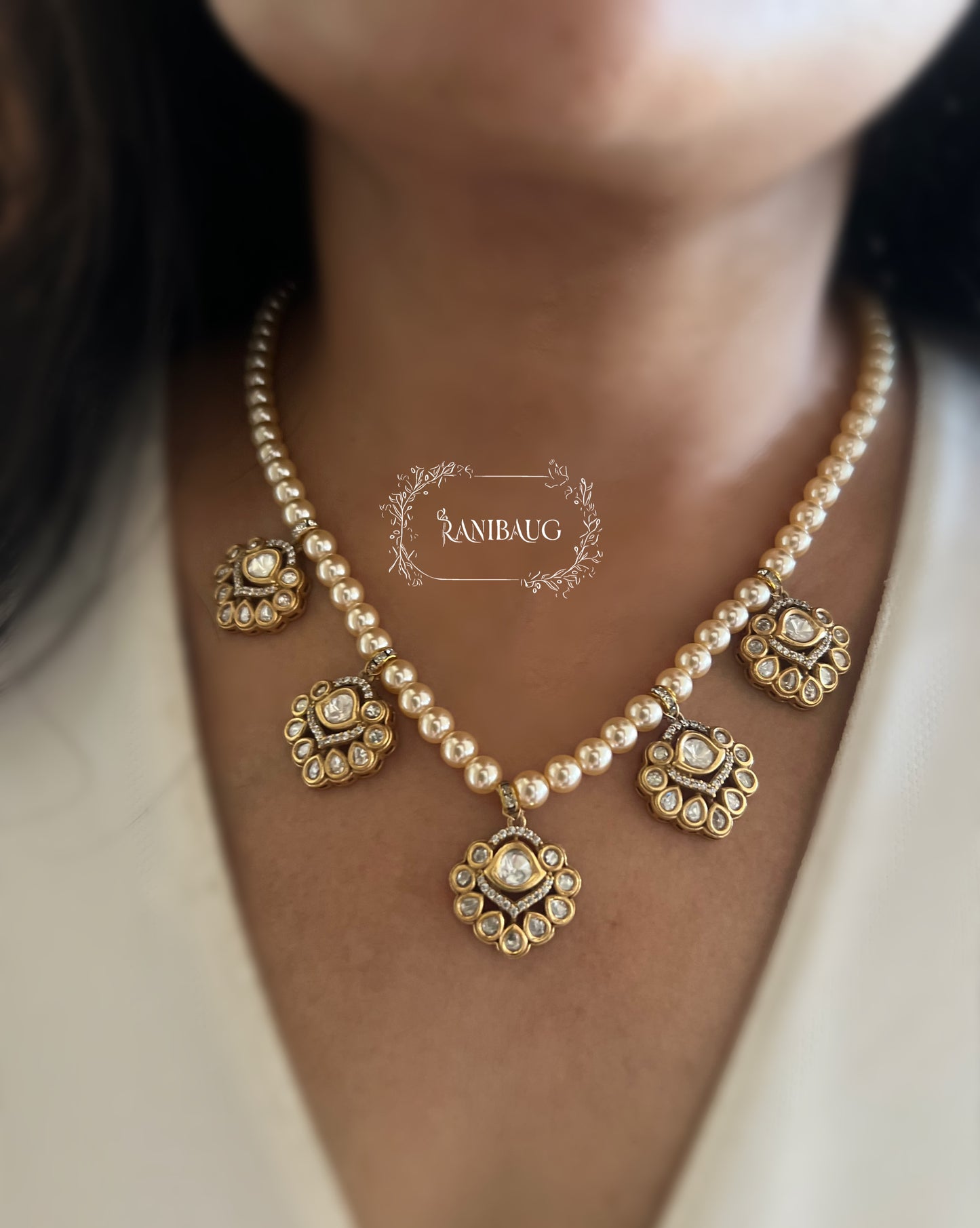 Avantika Pearl Adorned Polki Kundan Studded Victorian Gold Finish Floral Motif Necklace By Ranibaug