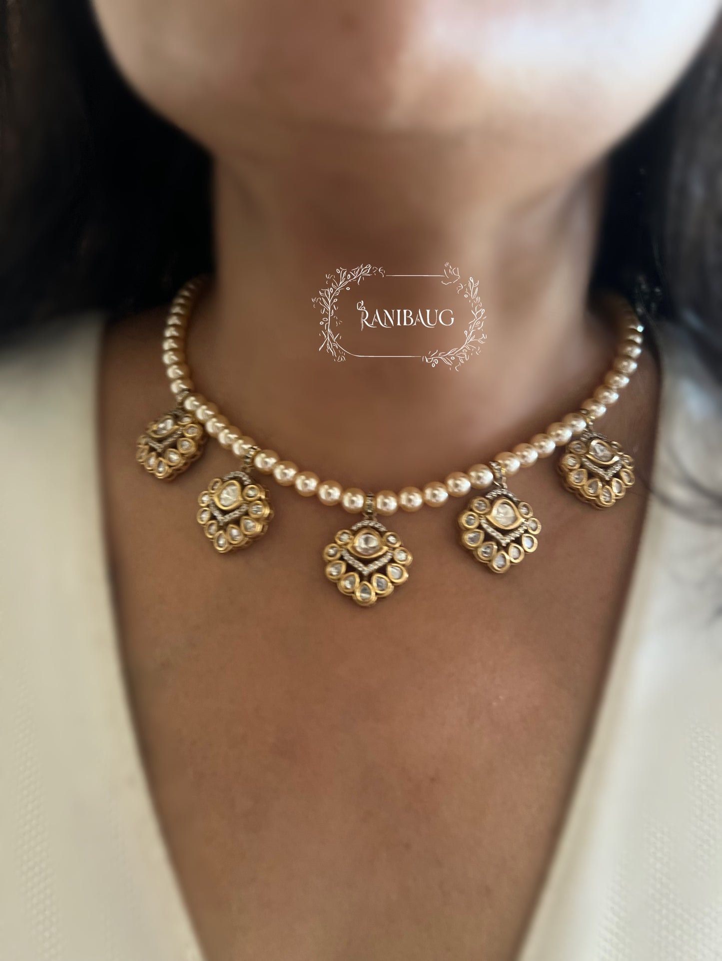 Avantika Pearl Adorned Polki Kundan Studded Victorian Gold Finish Floral Motif Necklace By Ranibaug