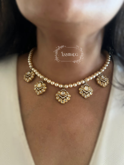 Avantika Pearl Adorned Polki Kundan Studded Victorian Gold Finish Floral Motif Necklace By Ranibaug