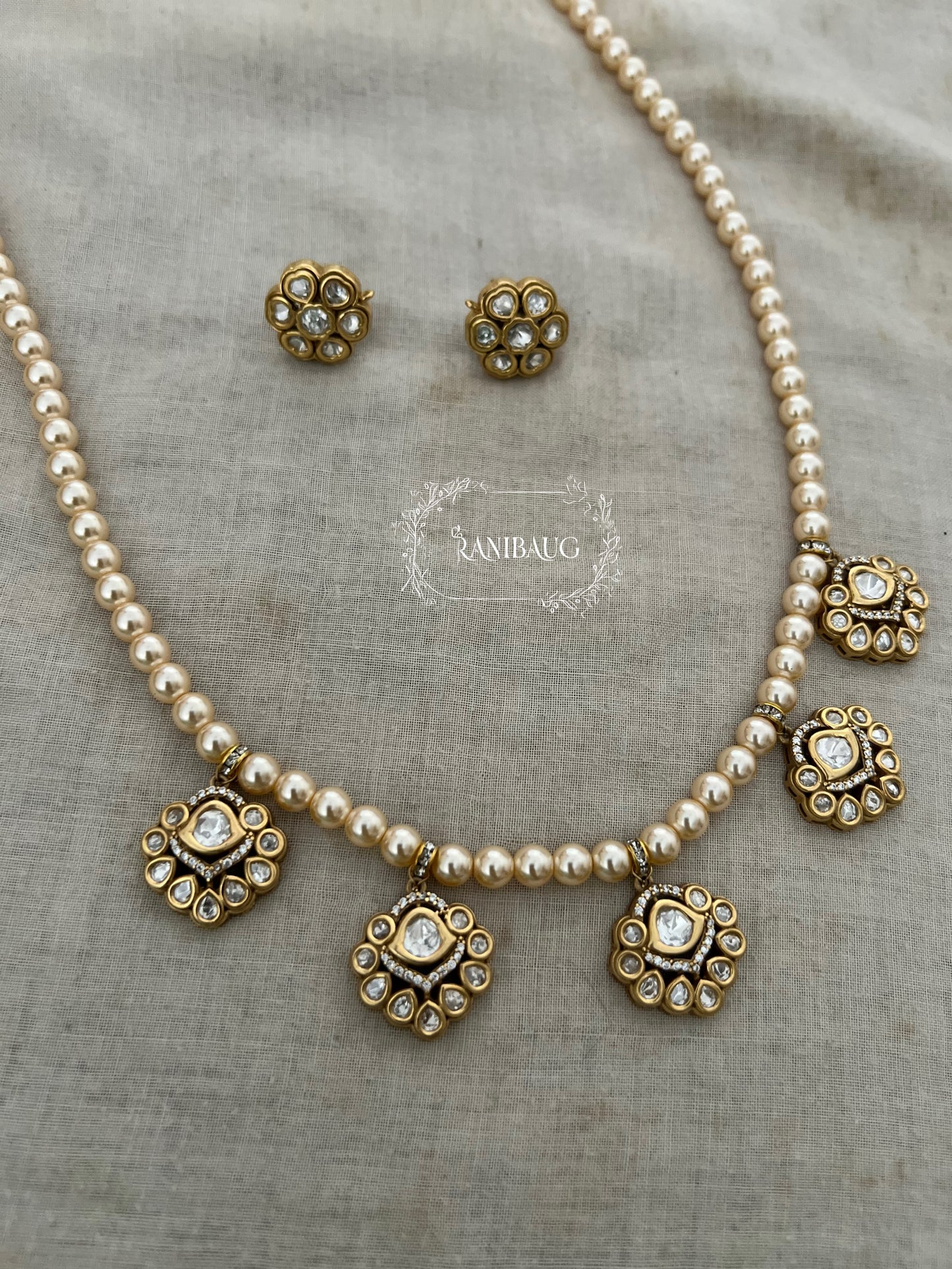 Avantika Pearl Adorned Polki Kundan Studded Victorian Gold Finish Floral Motif Necklace By Ranibaug