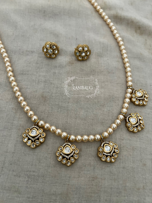 Avantika Pearl Adorned Polki Kundan Studded Victorian Gold Finish Floral Motif Necklace By Ranibaug