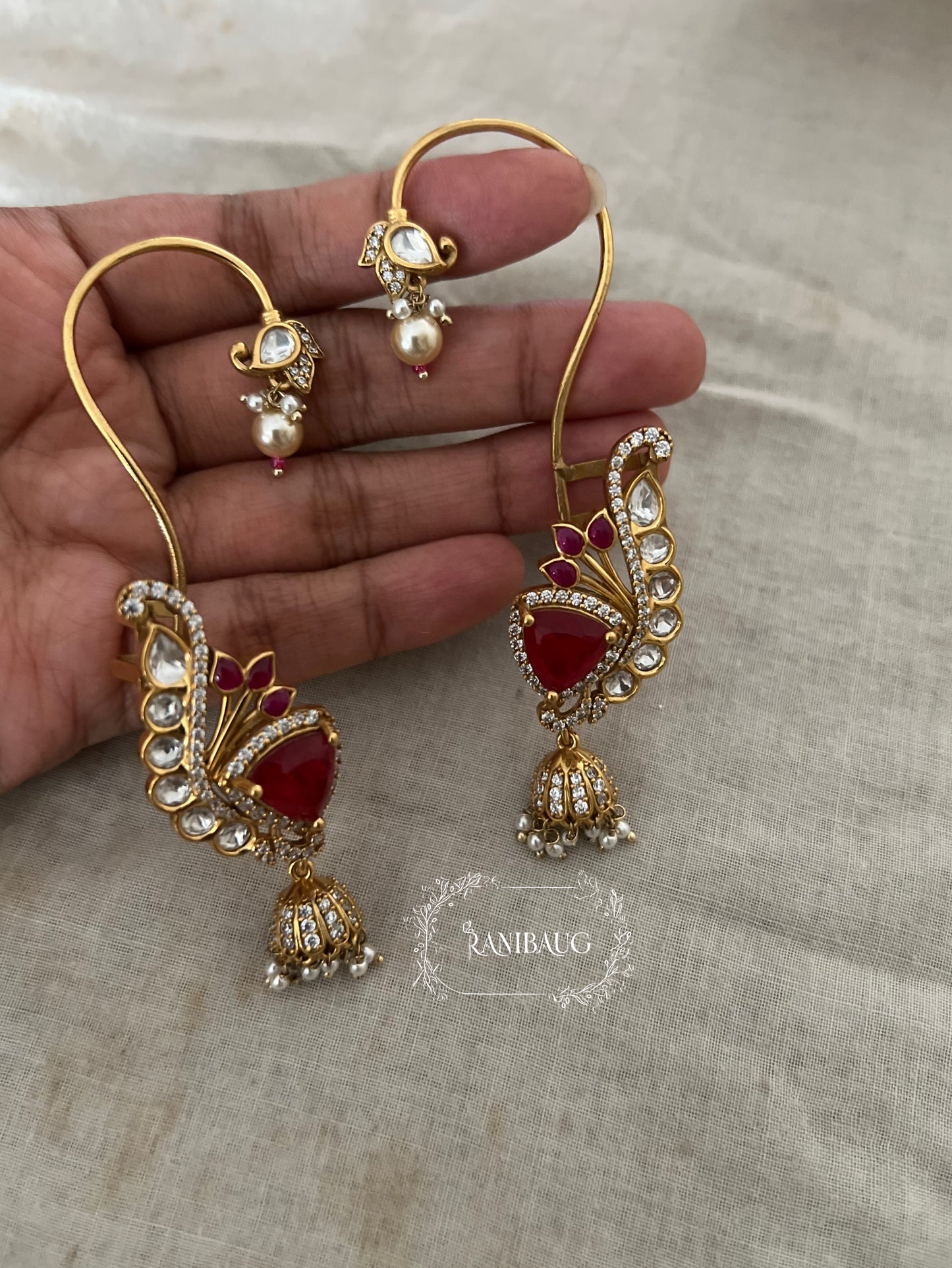 Aveera Polki Gemstone Gold Finish Designer Traditional Earcuff Earrings Jewelry By Ranibaug