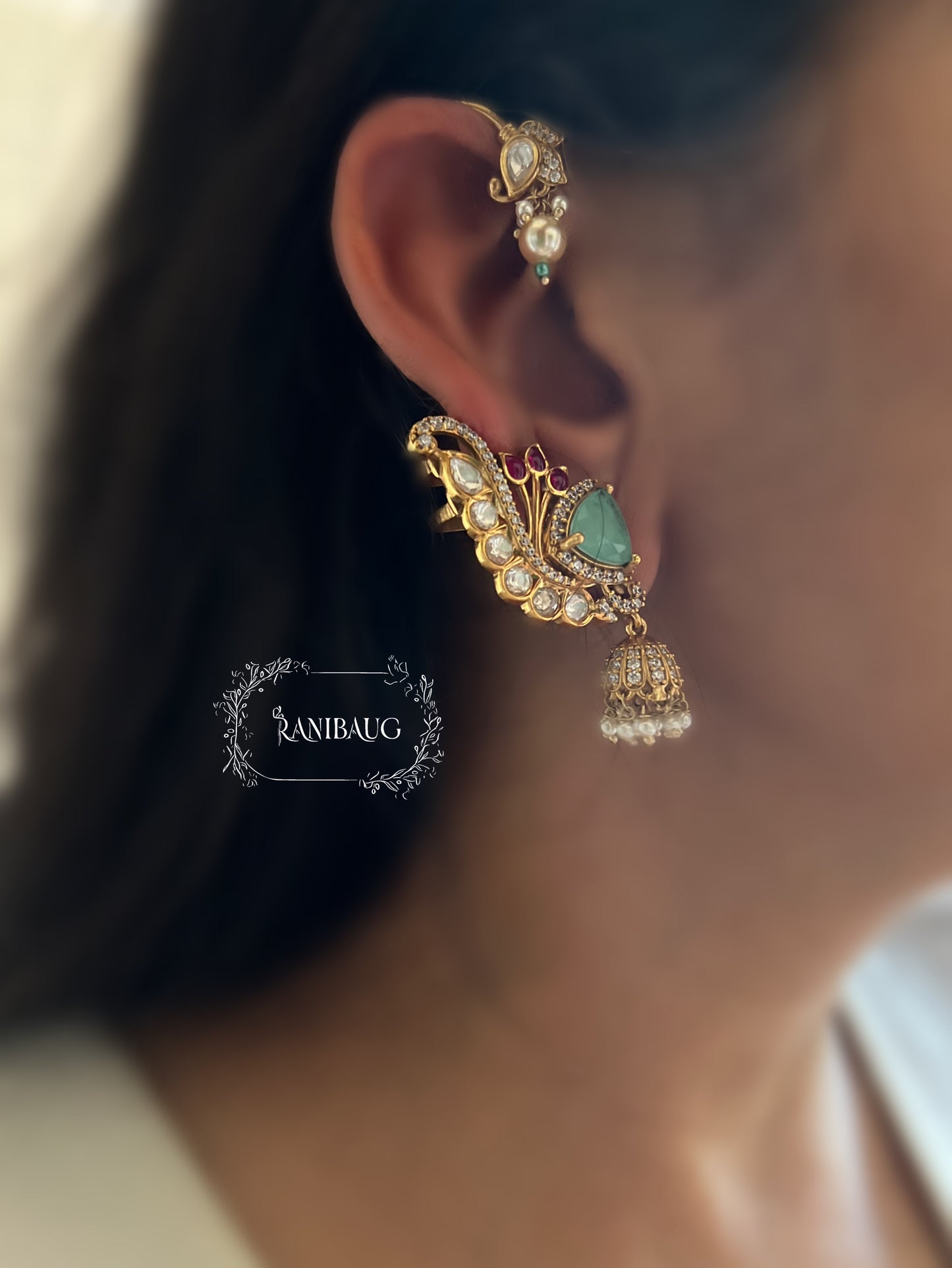 Aveera Polki Gemstone Gold Finish Designer Traditional Earcuff Earrings Jewelry By Ranibaug