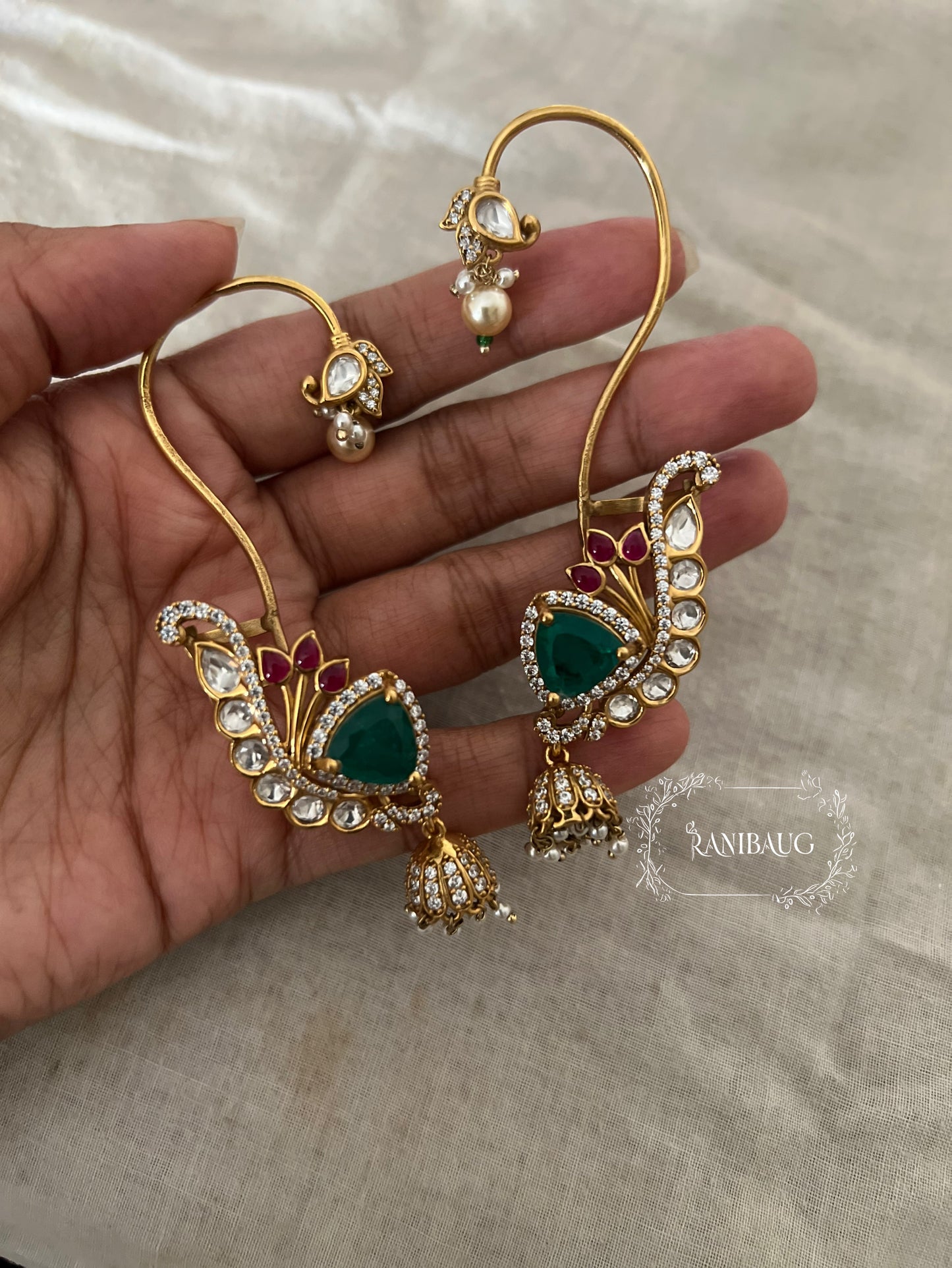 Aveera Polki Gemstone Gold Finish Designer Traditional Earcuff Earrings Jewelry By Ranibaug