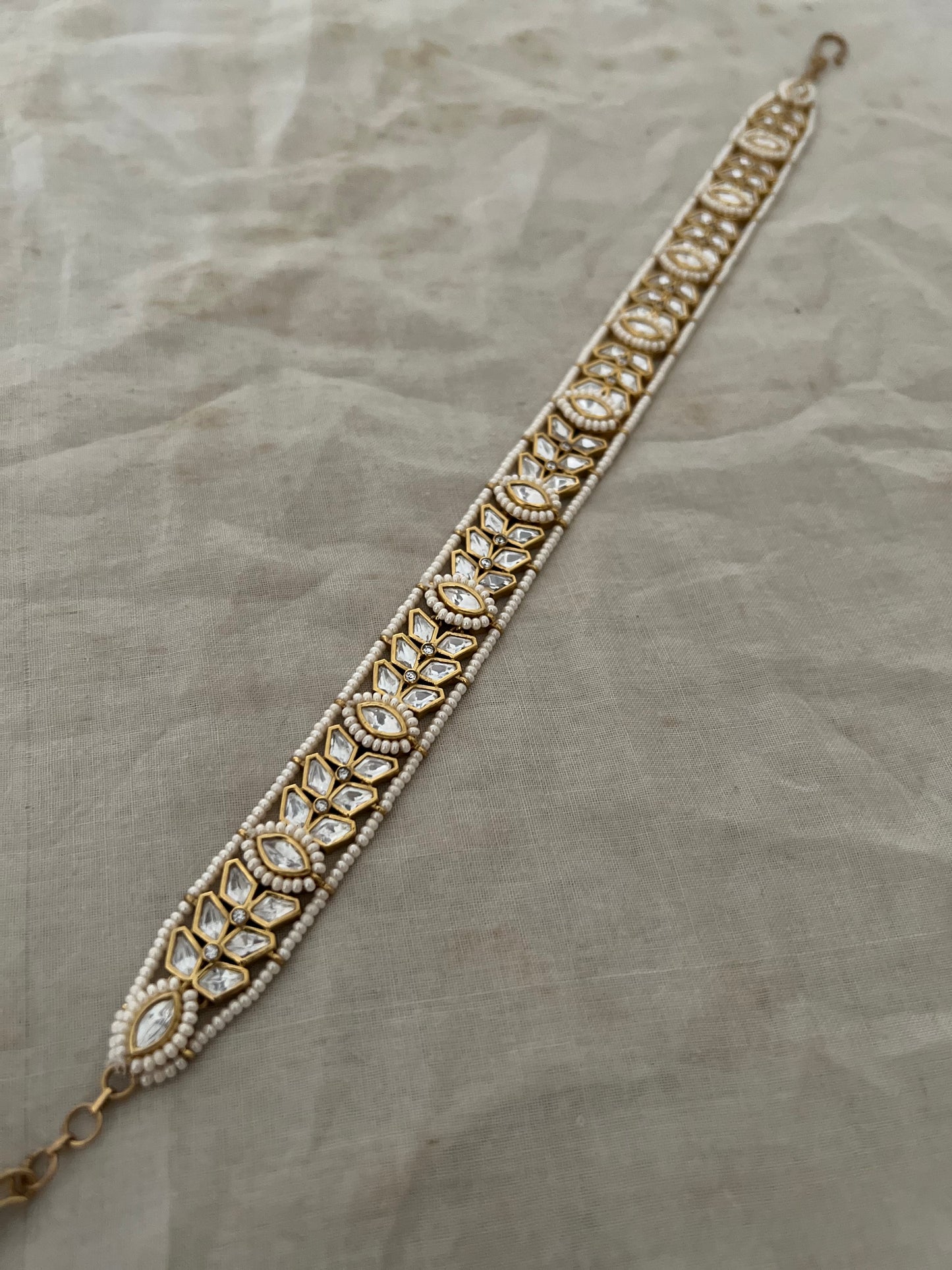 Avika Leaf Polki Kundan Gold Finish Pearl Adorned Sheeshpatti Jewelry By Ranibaug