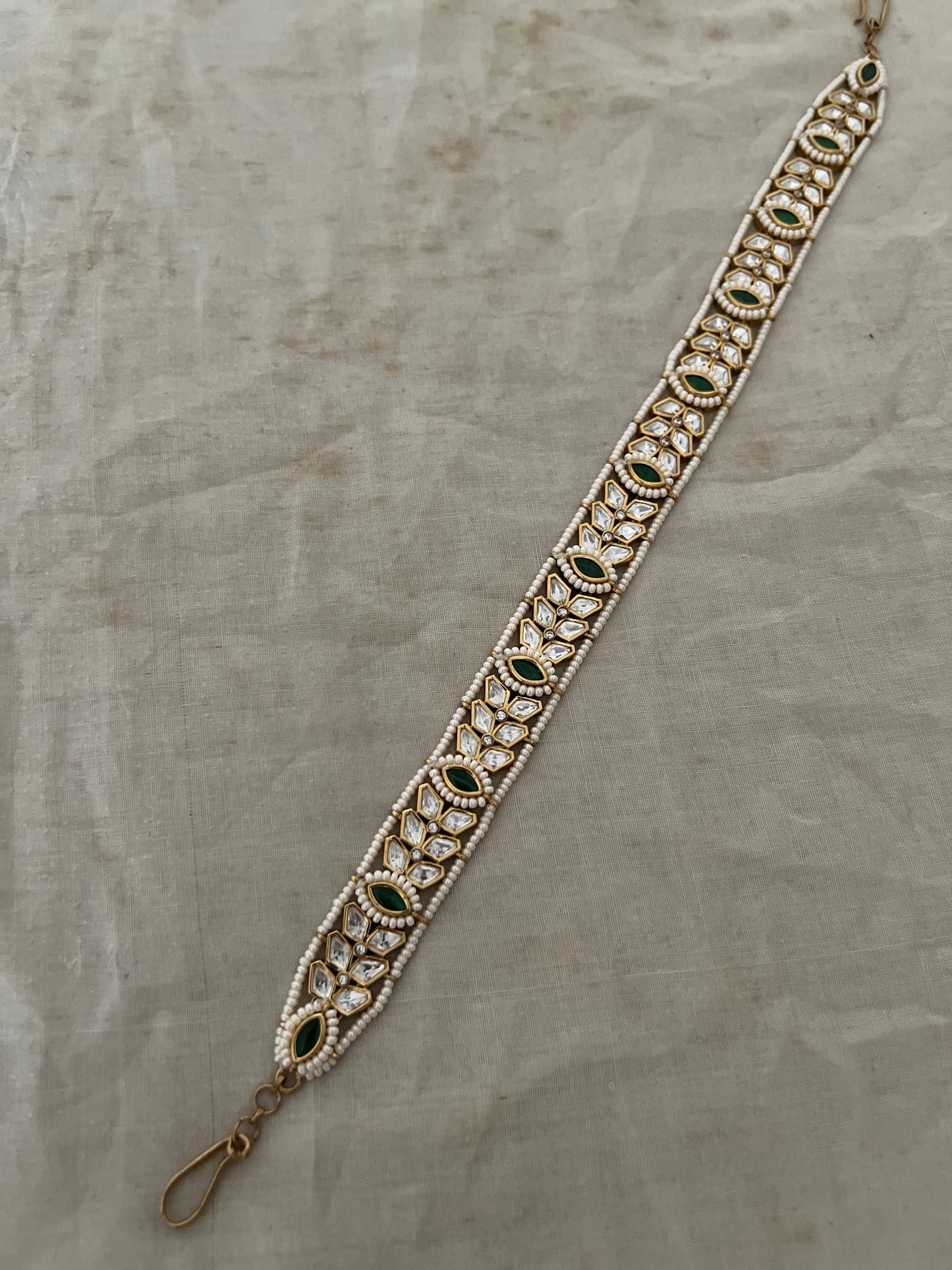 Avika Leaf Polki Kundan Gold Finish Pearl Adorned Sheeshpatti Jewelry By Ranibaug
