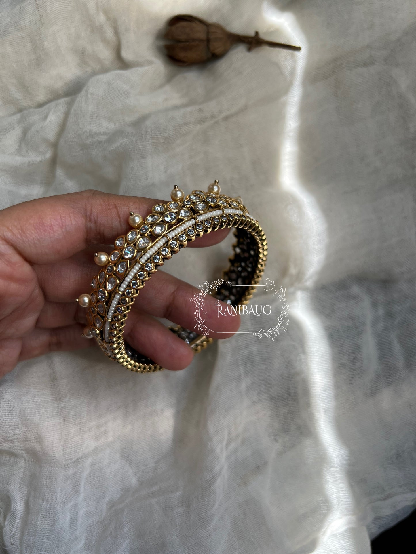 Avika Antique White Pearl Mossainite Statement Bangles By Ranibaug