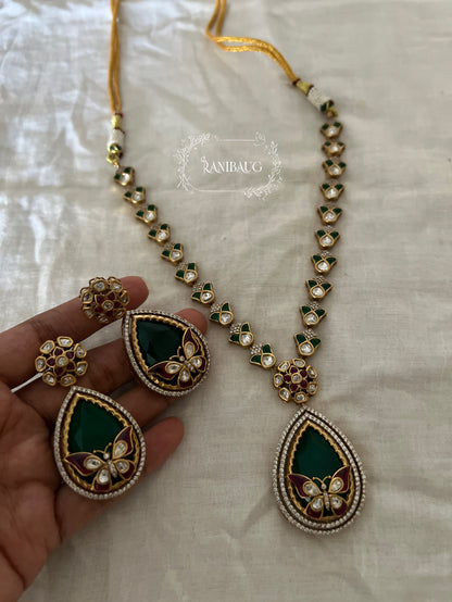Avira Emerald Teardrop Butterfly Motif Gold Finish Designer Necklace Jewellery Set By Ranibaug
