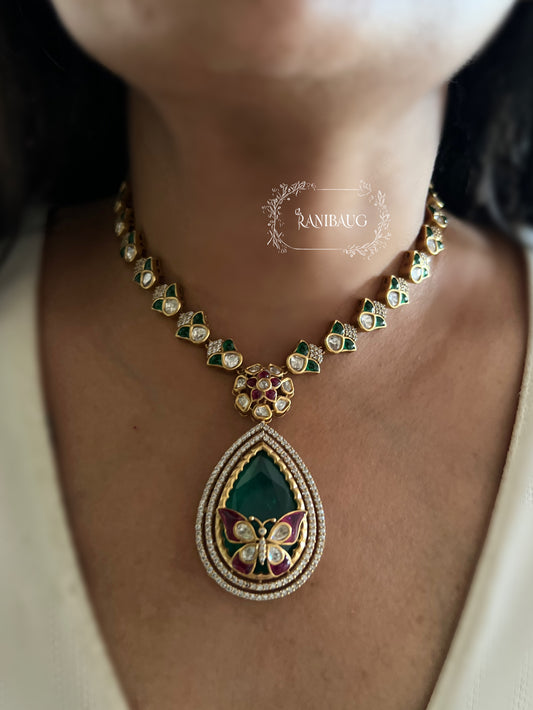 Avira Emerald Teardrop Butterfly Motif Gold Finish Designer Necklace Jewellery Set By Ranibaug