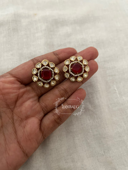 Avira Floral Polki Kundan Gold Finish Traditional Ear Studs By Ranibaug