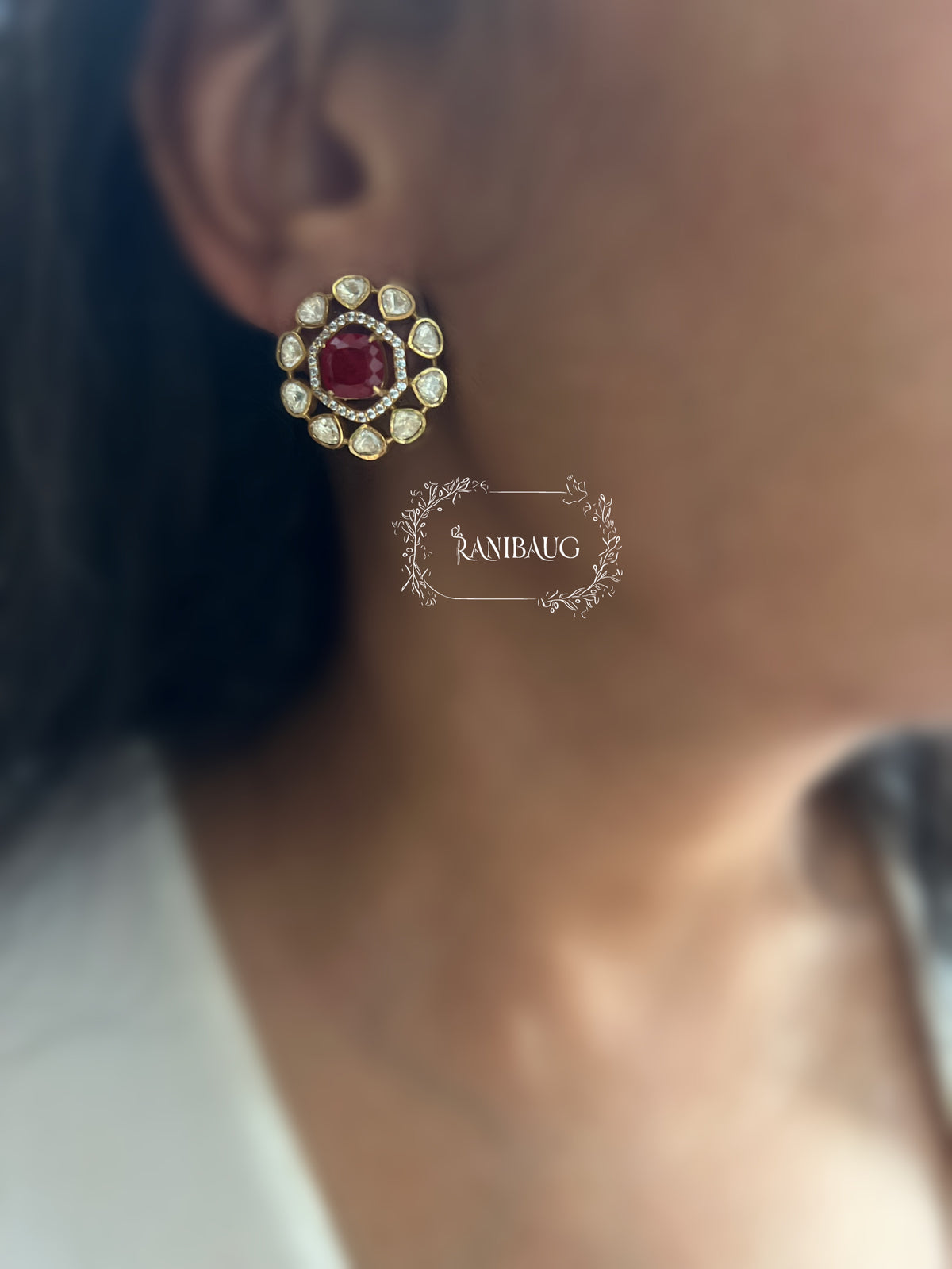Avira Floral Polki Kundan Gold Finish Traditional Ear Studs By Ranibaug