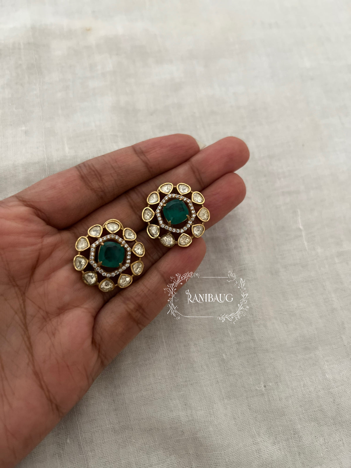 Avira Floral Polki Kundan Gold Finish Traditional Ear Studs By Ranibaug