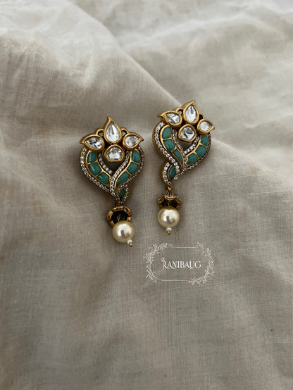 Avira Polki Kundan Enamel Gold Finish Designer Festive Ear Studs With Pearl Dangle By Ranibaug