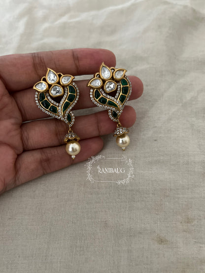 Avira Polki Kundan Enamel Gold Finish Designer Festive Ear Studs With Pearl Dangle By Ranibaug