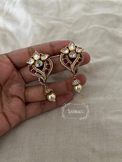 Avira Polki Kundan Enamel Gold Finish Designer Festive Ear Studs With Pearl Dangle By Ranibaug